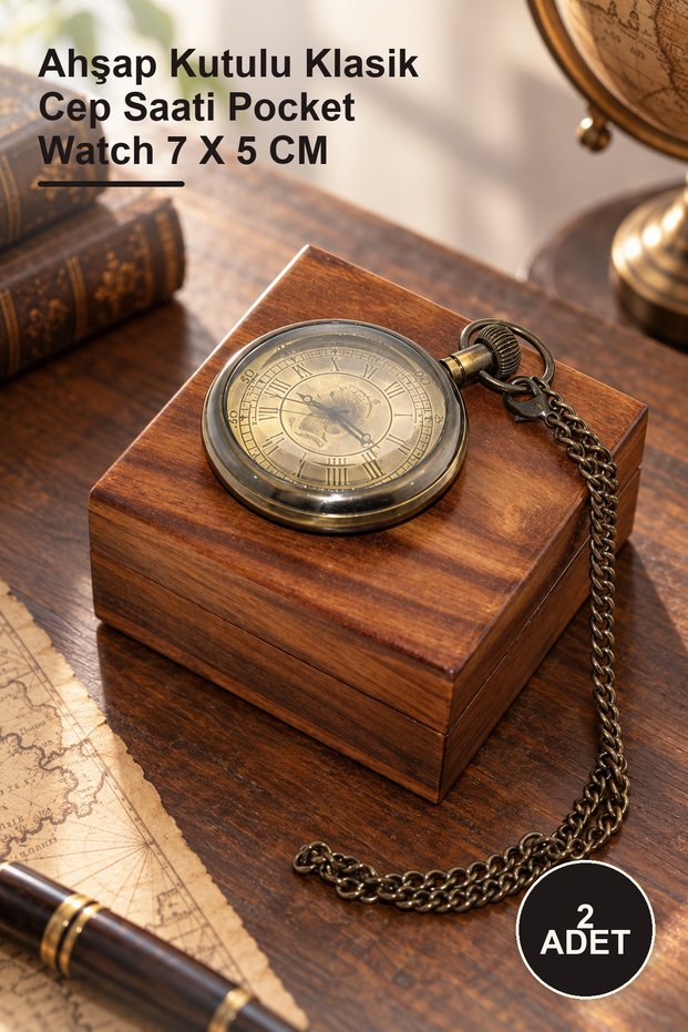2 Pieces Brass Chain Watch – Classic Pocket Watch with Wooden Box Pocket Watch 7 X 5 cm