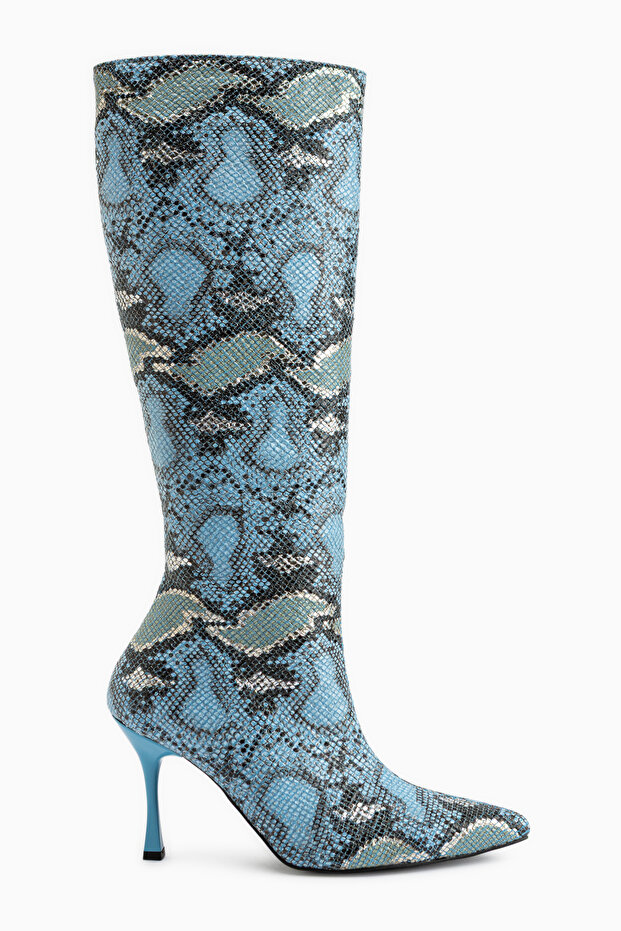 Jana Blue Snake Patterned Pointed Toe Women's Heeled Boots