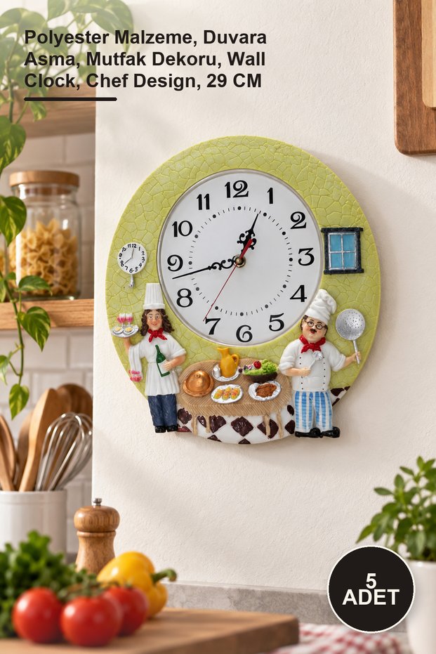 5 Pieces Chef Design Wall Clock – Polyester Material, Wall Hanging, Kitchen Decor, Wall Clock, Chef Design, 29 cm