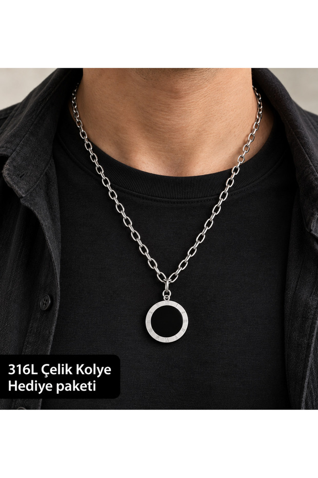 Men's Black Detailed Round End Roman Numeral Chain Necklace