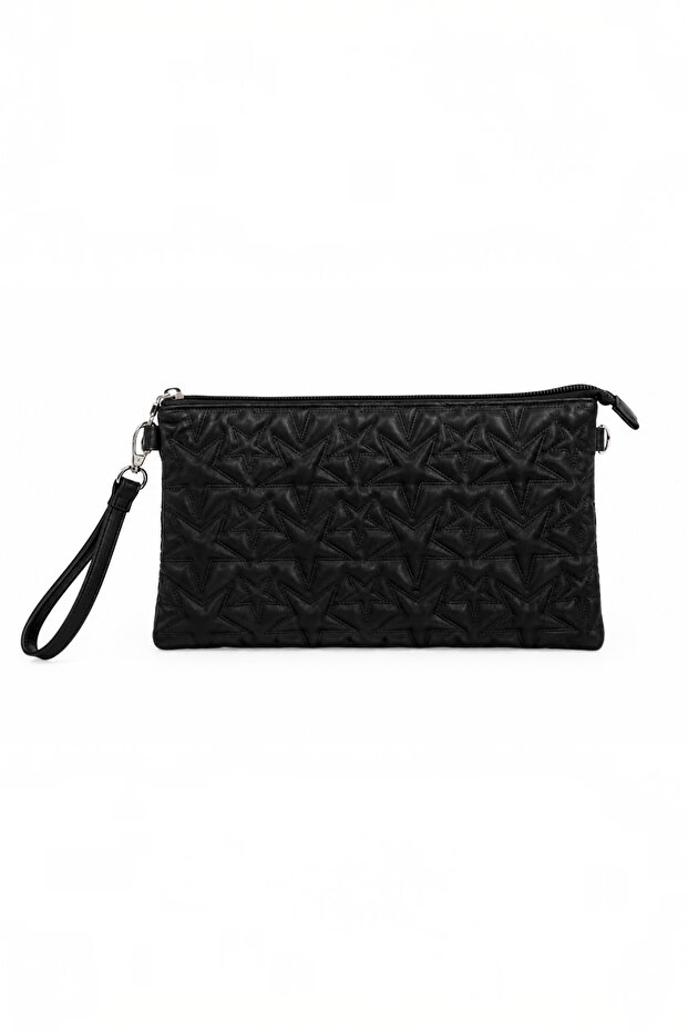 Women's Black Star Stitched Chain Strap Detailed Zippered Clutch Bag