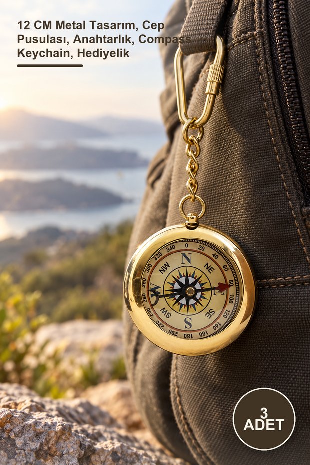 3 Pieces Brass Compass Keychain – 12 cm Metal Design, Pocket Compass, Keychain, Compass Keychain, Gift
