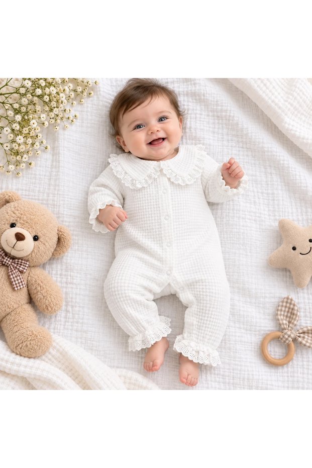 Soft Waffle Fabric Collared Lace-Up Kokoş Baby Jumpsuit