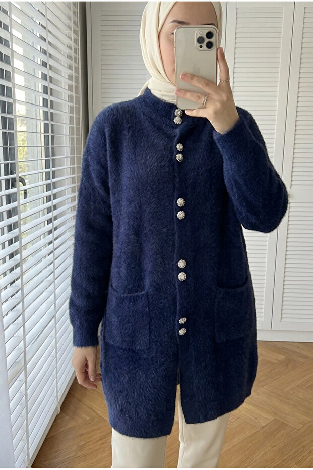 Women's Livia Stone Buttoned Bearded Knitwear Long Cardigan