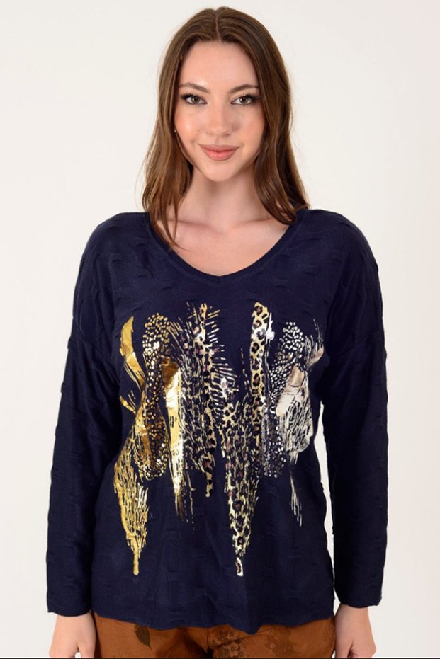 Women's Italian V-Neck Gilded Leopard Pattern Loose Knitwear Blouse