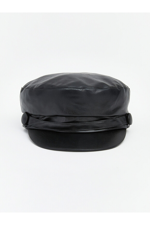 Two Mt Shop Quality Lcw Accessories Black Faux Leather Plain Women's Cap