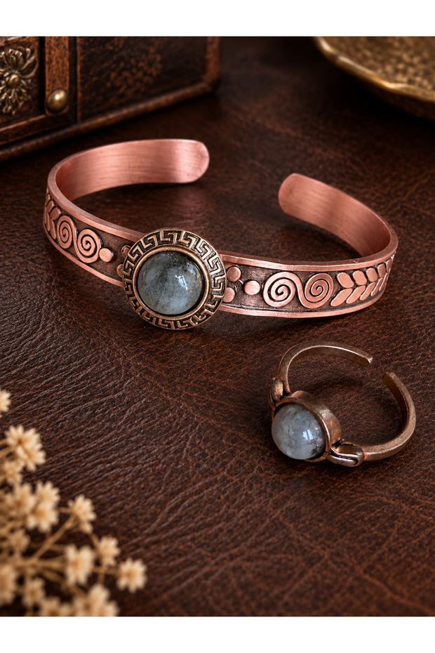 100% copper ring bracelet natural stone handmade copper set, quartz stone jewelry set