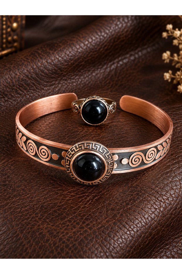 Pure copper ring bracelet natural stone handmade copper set, star dust stone jewelry set