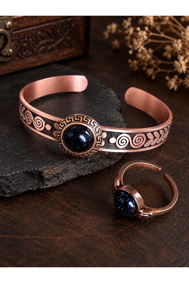 100% Copper Ring Bracelet with Natural Stones, Handcrafted Copper Set, Star Dust Stone Jewelry Set