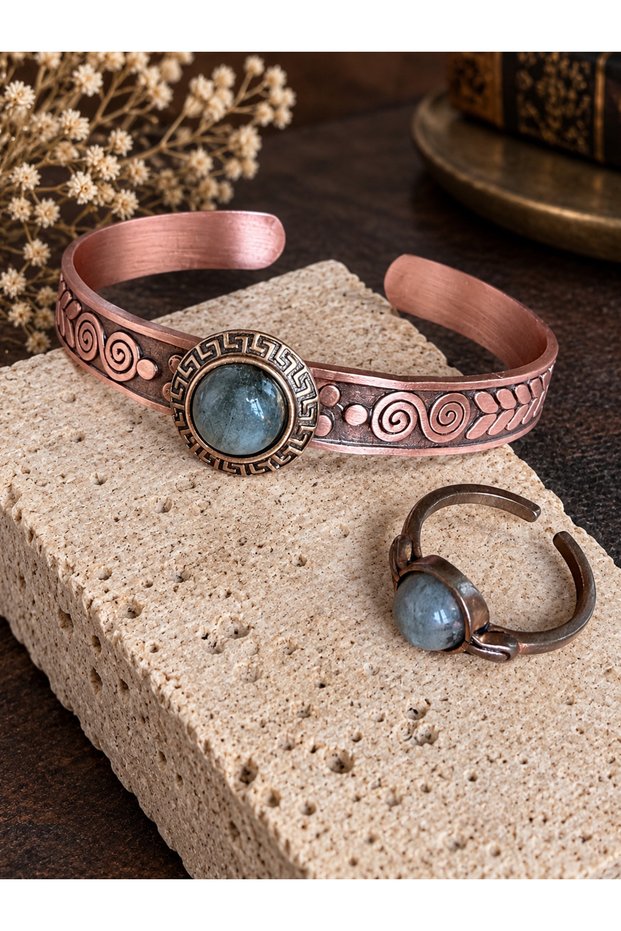 Pure copper ring bracelet natural stone handmade copper set, agate stone jewelry set