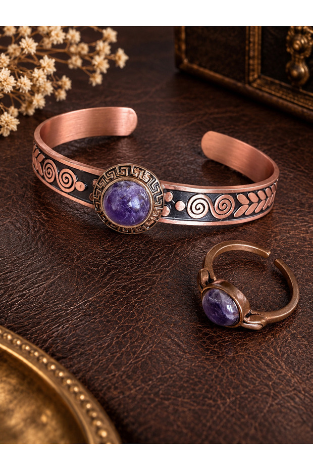 Pure Copper Ring Bracelet with Natural Stone Handcrafted Copper Set, Amethyst Stone Jewelry Set