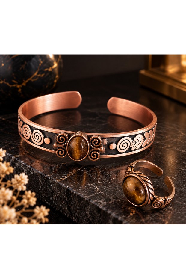 Copper Ring Bracelet with Natural Stones, Handcrafted Copper Set, Tiger's Eye Stone Jewelry Set