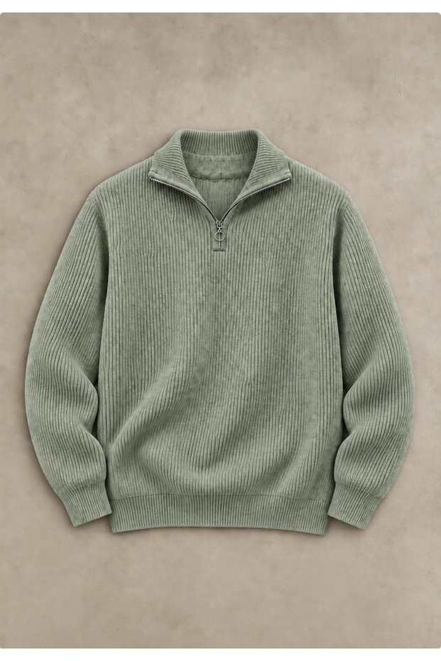 Men's Half Zipper Polo Collar Ribbed Knit Sweater Long Sleeve