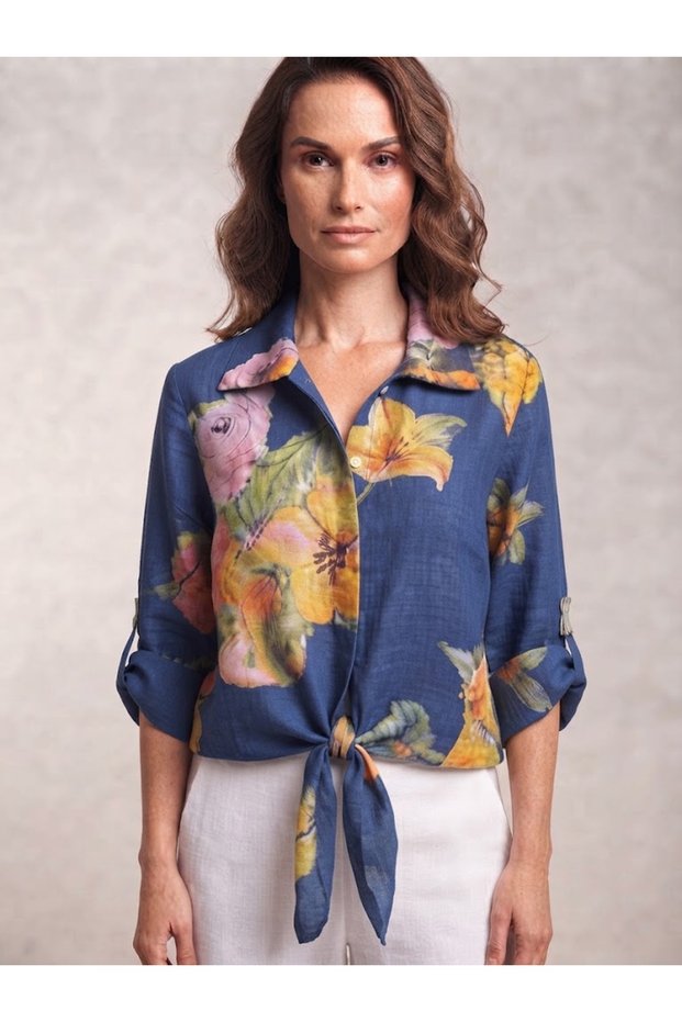 Women's Italian Marshmallow Floral Patterned Front Tie 100% Cotton Shirt Blouse
