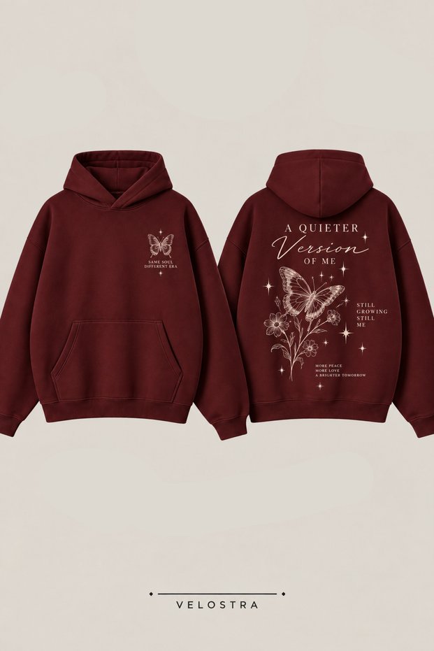 Unisex Butterfly Printed Daily Use Comfortable Burgundy 3 Thread Combed Cotton Hooded Sweatshirt