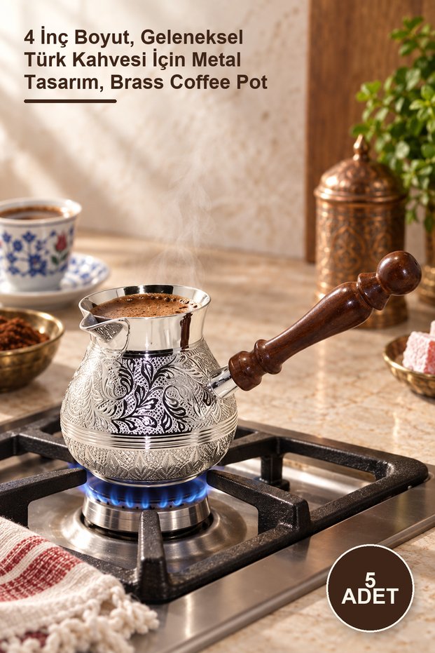 5-piece brass coffee pot set – 4-inch size, metal design for traditional turkish coffee, brass coffee pot