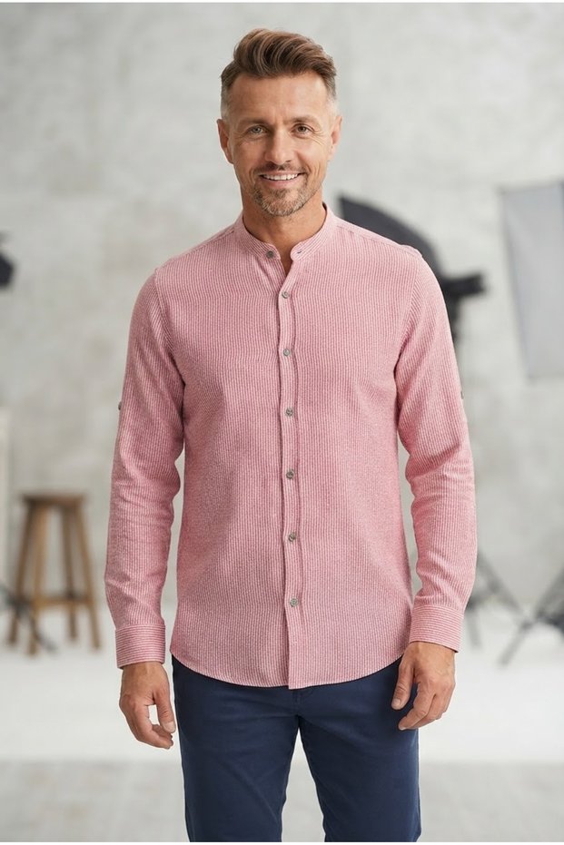 Men's Regular Fit Comfortable Cut Long Sleeve Stand Collar 100% Cotton Shirt