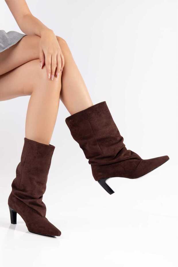Dima Pointed Toe Brown Suede Bellows Thin Heel Women's Boots