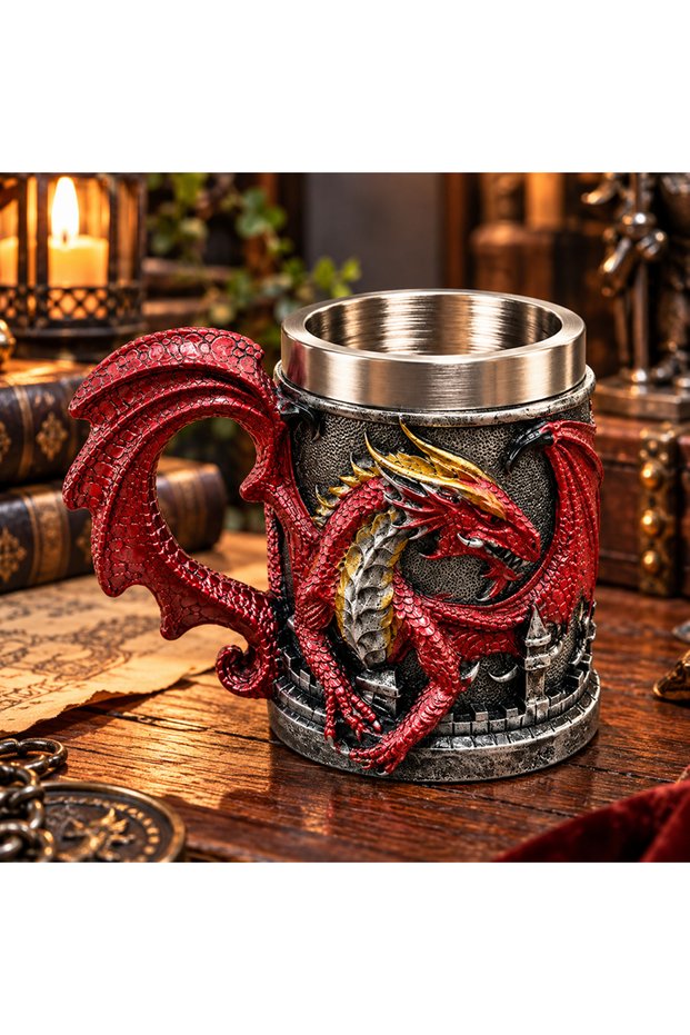 Decorative Mug with Red Dragon Figure, Fantastic Design with Stainless Steel Inner Chamber