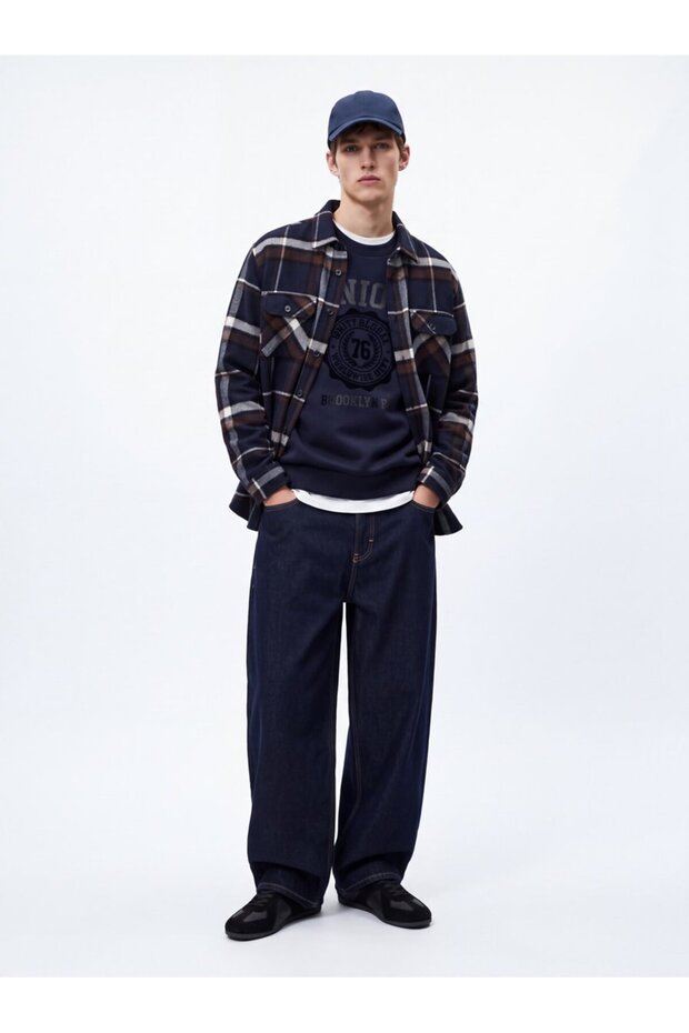 Relaxed Fit Print Detailed Crew Neck Navy Blue Sweatshirt