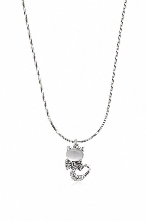 Stylish Cat Figured Steel Necklace with White Opalesan Stone Detail for Women