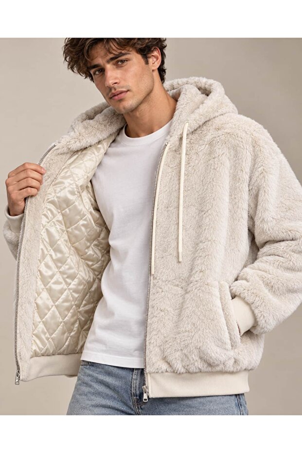 Private Text Appliqué Ecru Shiny Plush Quilted Lined Hooded Jacket