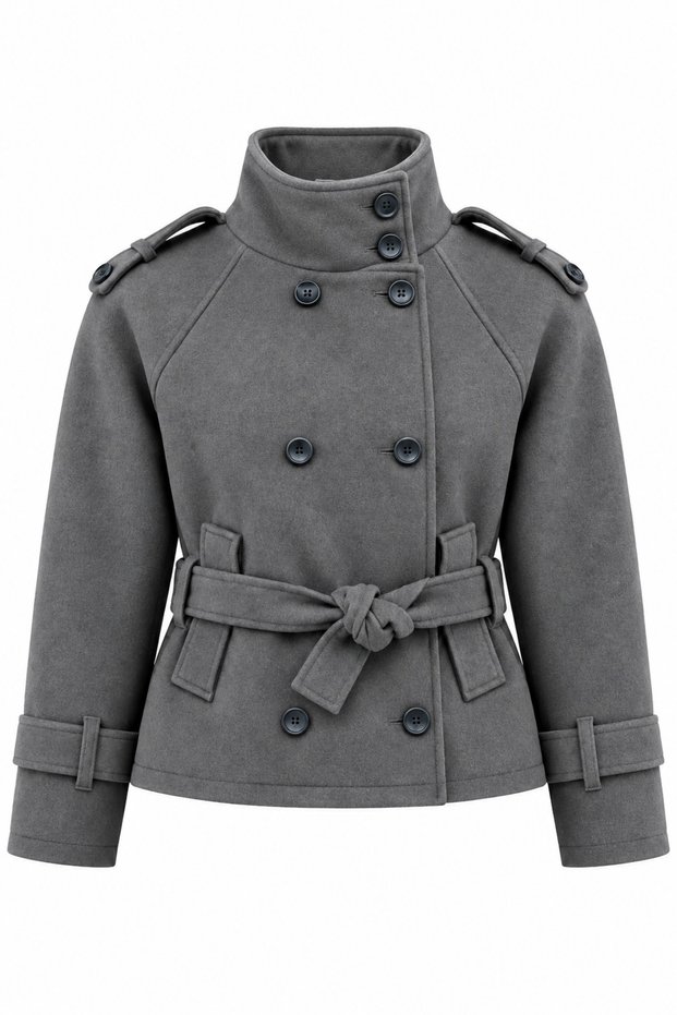 Women's Cashmere Lined Stand Collar Epaulet Lined Coat with Tied Pockets
