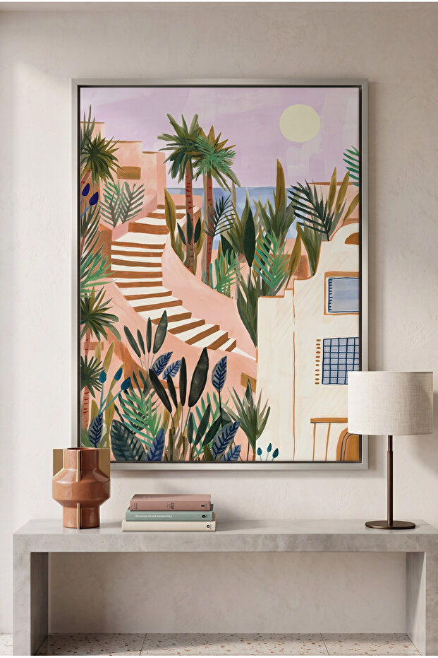 Mediterranean Terracotta Steps Nature Wall Art | Portrait Framed Canvas Print | Luxury Modern Botanical Decor for Living Room