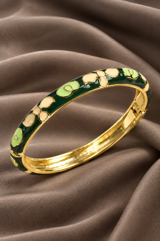 Mineli Brass Cream and Green Flower Motif Gold Color Women's Handcuffs
