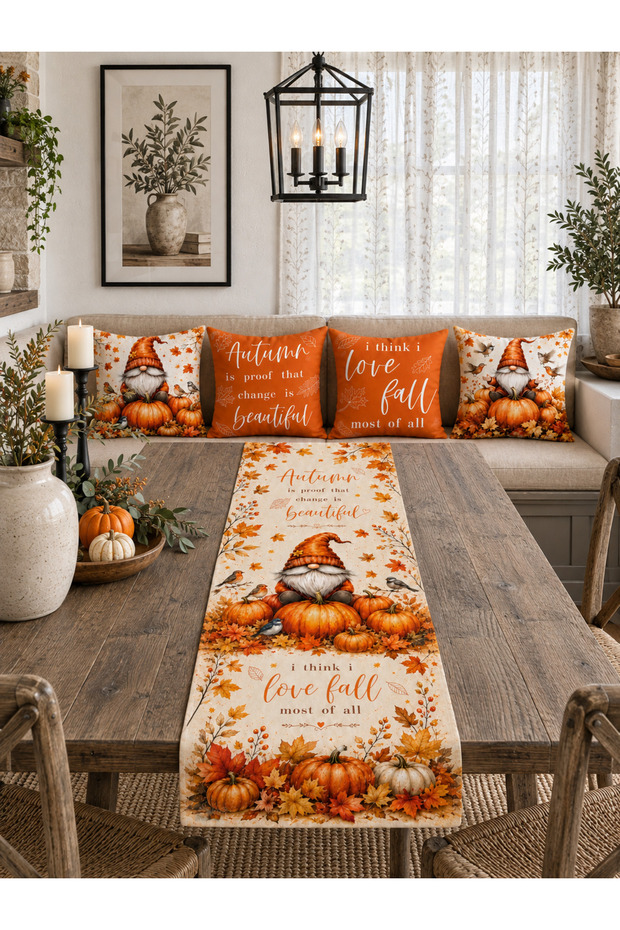 Orange Pumpkin Autumn Gnome 4-Piece Throw Pillow Cover Runner Set
