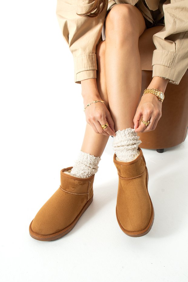 Women's Tan Winter Boots, Suede, Fur Inside, Thin Sole, Daily Comfortable Boots