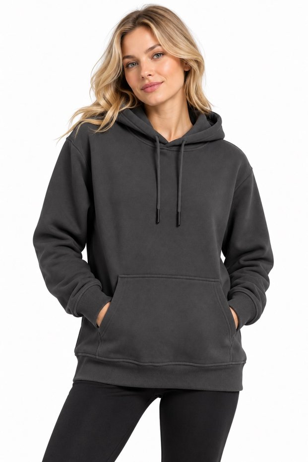Women's Hooded Kangaroo Pocket Sweatshirt 3 Thread Threaded (Soft Puff Fabric) Smoked Gray Brown Black Stone