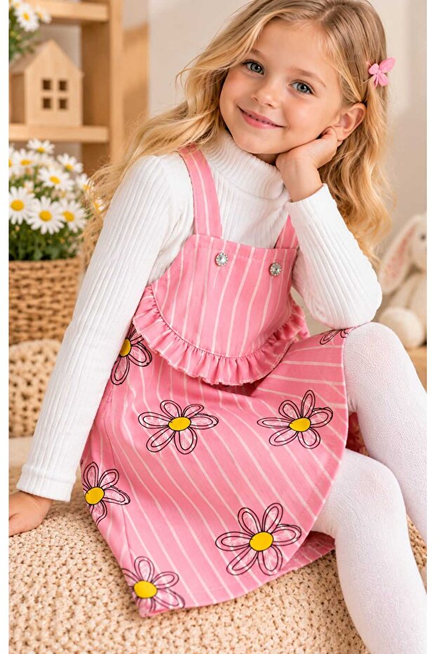 New Season Daisy Patterned Ruffled Double Set Salopet Dress & Ribbed Bodysuit Suitable for Kindergarten & Nursery
