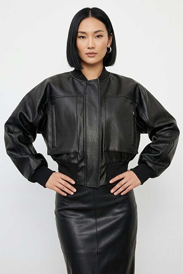 Agli̇mmer Oversize Bomber Zippered Double Pocket Ribbed Black Faux Leather Jacket