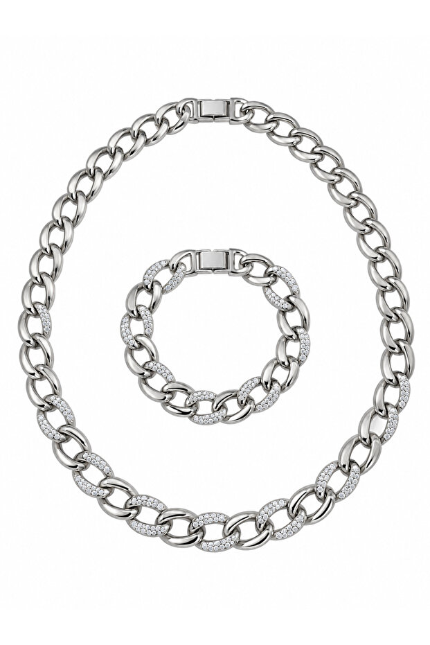 Steel Crystal Gourmet Chain Necklace & Bracelet Set