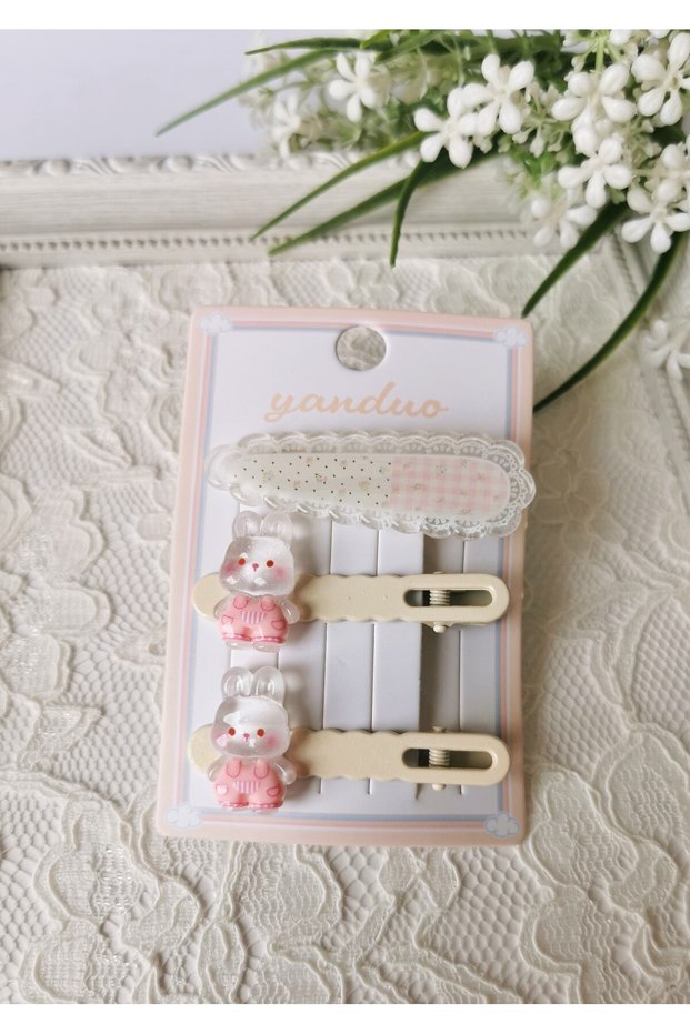 Cream Colored Plaid and Rabbit Figured 3-Piece Cream Colored Pen Buckle Set