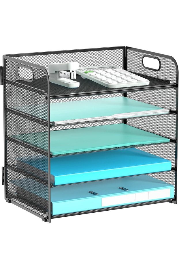 5 Tier Mesh Letter Tray and Paper Organizer with Handle,Black Desk File Storage for Office and School