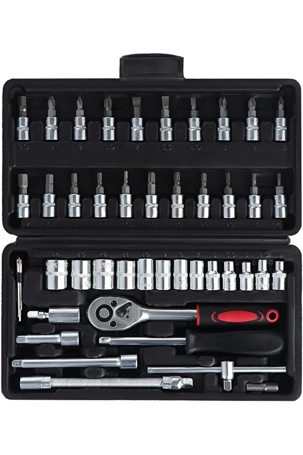 46-Piece 1/4 Inch Drive Socket Ratchet Wrench Set,Metric Bit Sockets and Extension Bars for Car and Bicycle Repair,with Storage Case