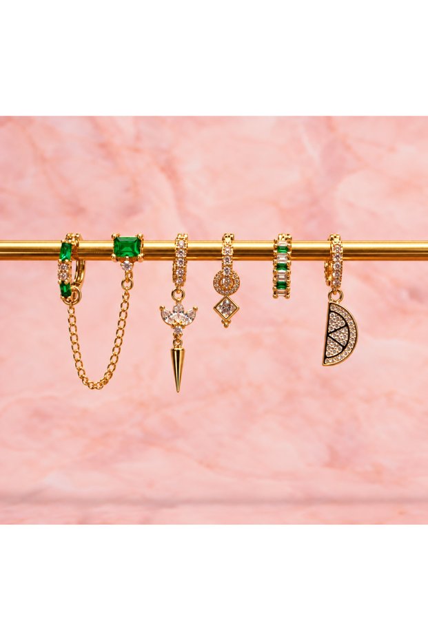 Set of 6 Zircon Stone Watermelon Chain Green Stone Anti-Tarnish Steel Earrings