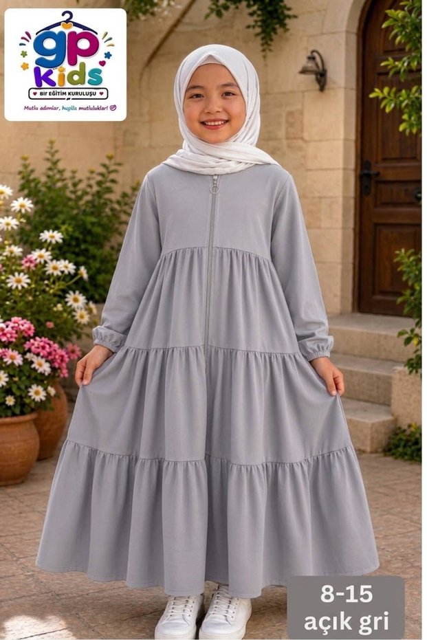 Ki̇ds 3-Layer Gathered Children's Robe – Comfortable Cut Hijab Children's Dress Light Gray