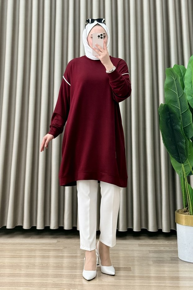 Manifest Tunic Crystal Fabric Women's Burgundy Shoulders Line Detailed Hijab Casual Tunic