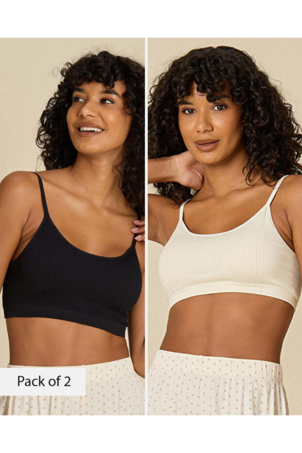 Women Beige And Black Plain Active Bra (2 Piece)