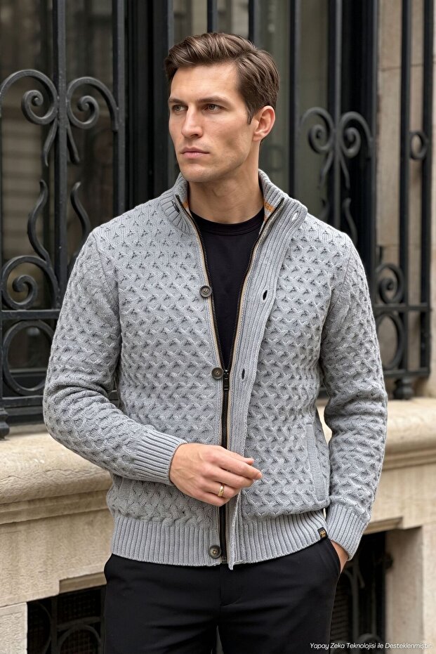 Men's Zippered and Buttoned Cardigan Thick Knit Knitwear Classic Pattern - 5405m
