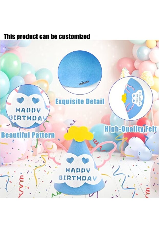 Felt Happy Birthday Party Hat, Cute Cone Birthday Headwear with Adjustable Strap