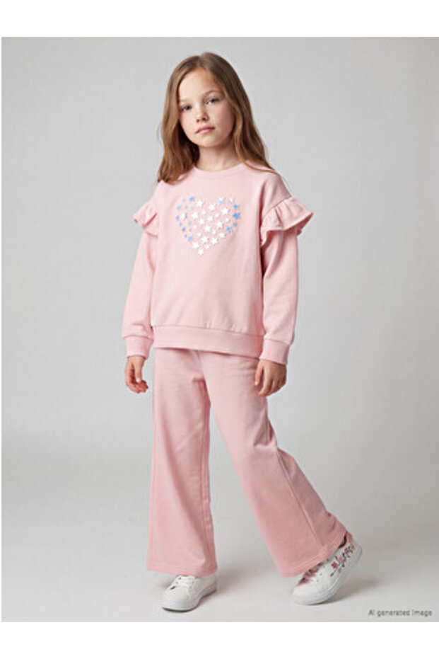 Pink Crew Neck Embroidered Girls' Set