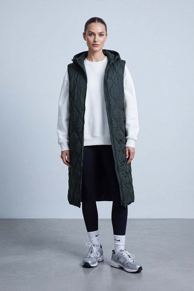Hooded Long Inflatable Vest Khaki