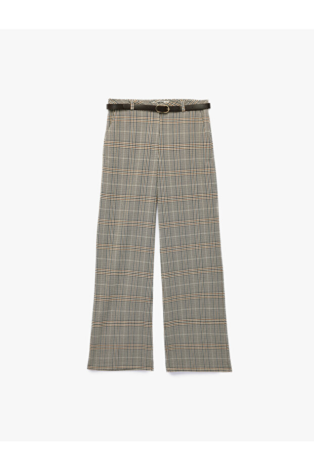 High Waist Belted Pocketed Plaid Wide Leg Pants