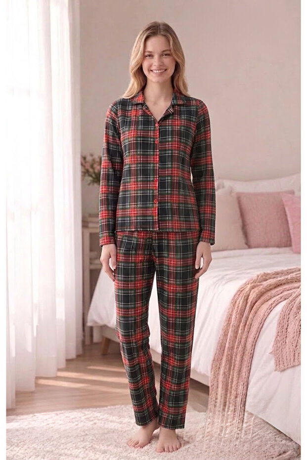 Angelique Thermal Fabric Long Sleeve Soft Textured Plaid Pajamas Suit 40201-40204