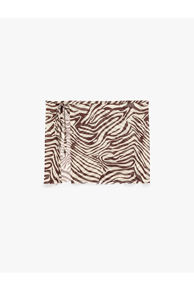 Tie-Up Double-Breasted Zebra Patterned Transparent Tulle Pareo Mini Skirt