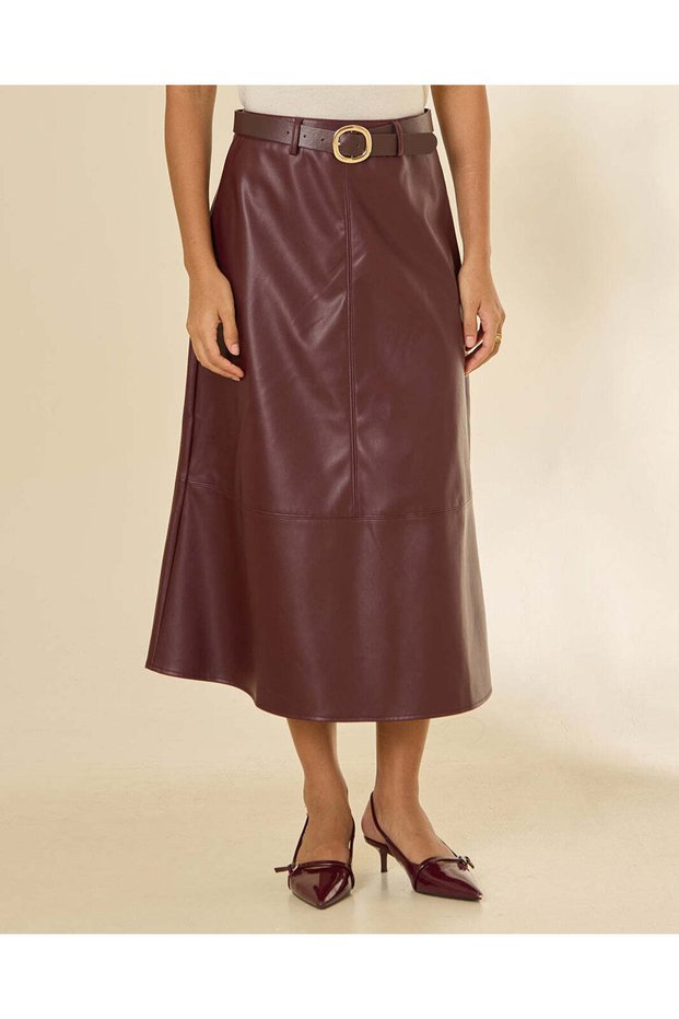 Women Burgundy Belted Flared PU Skirt